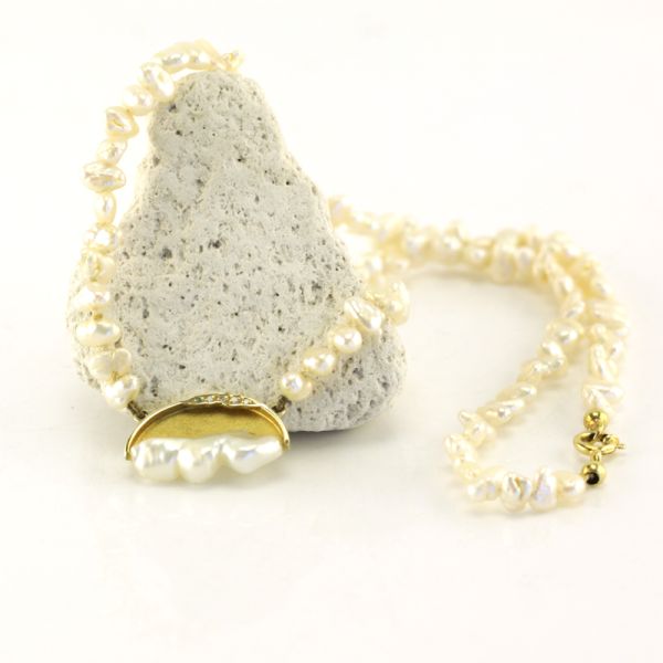 Collier Süßwasser Zuchtperle Barock 585er Gelbgold Diamanten Goldschmiedearbeit (3494)