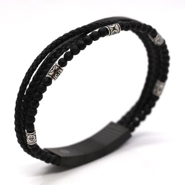 Arrmband Herren Leder Hämatinkugeln schwarz Edelstahl Magnetschließe PVD black 21+1 cm ES90025680 NE