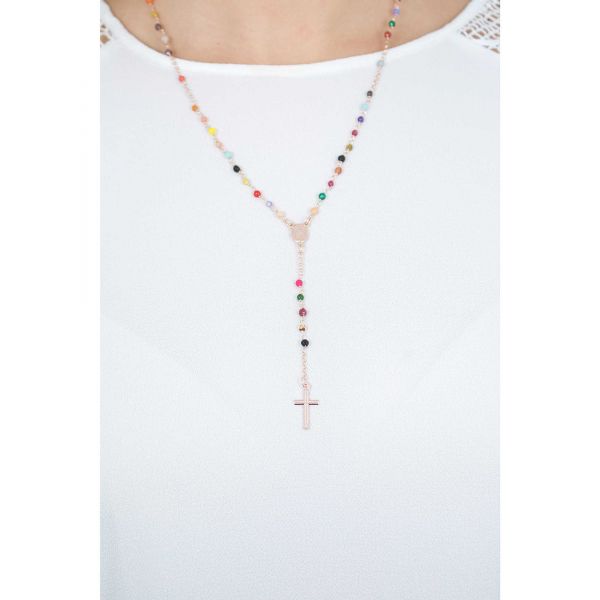 AMEN Collier "Rosario" Kreuz Triangle 925er Silber Roségold rhodiniert Multicolor CRORM4P