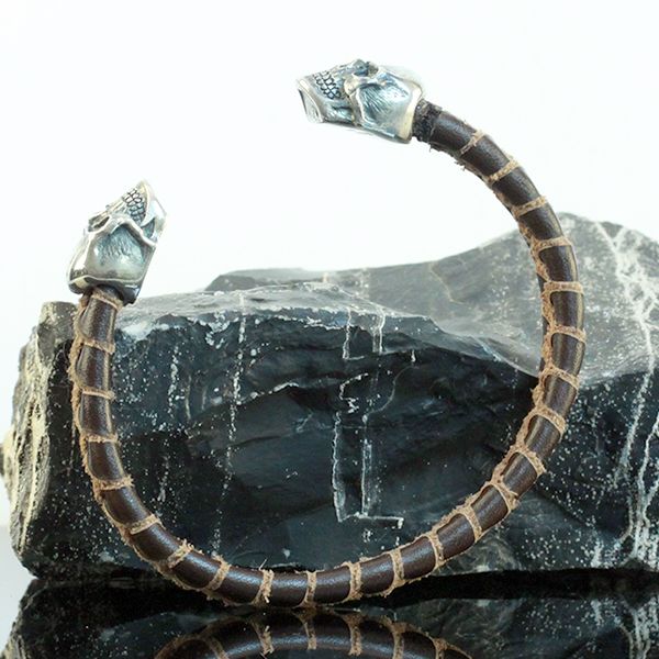 JJJ LA Armspange "SKULL" braunes Leder 925er Silber