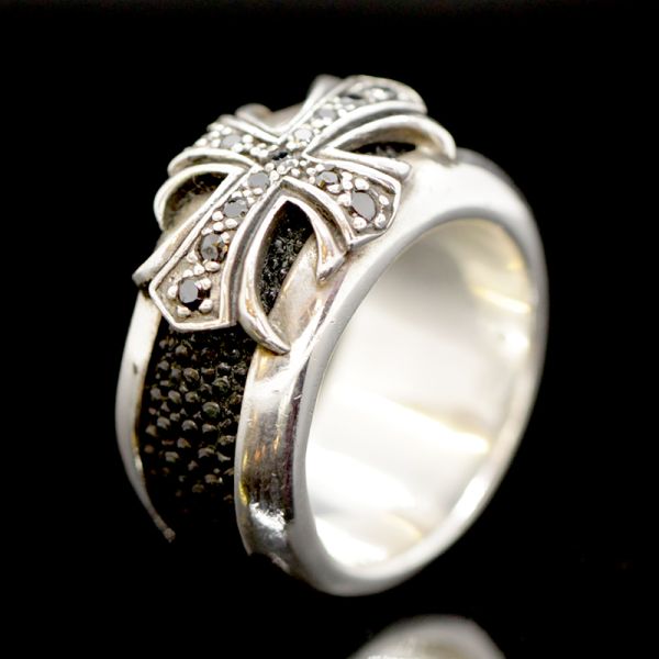 Ring "BIG CROSS" 925er Silber Onyx Rochenleder Gr 70 by JJJ LA NEU