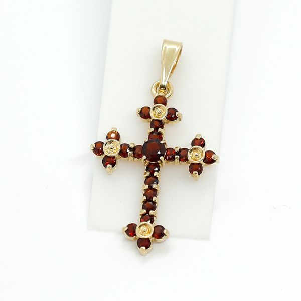 Kreuzanhänger 585er Gelbgold mit Granat Besatz (25004)