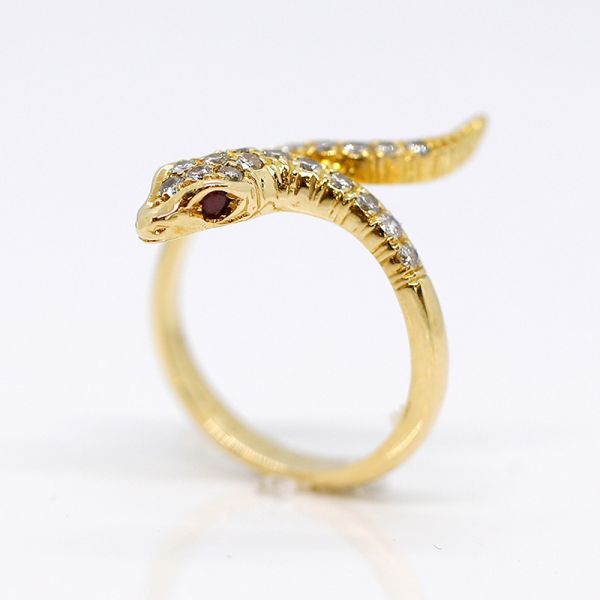 Schlangen Ring 750er Gold mit Diamanten und Rubin (31442)