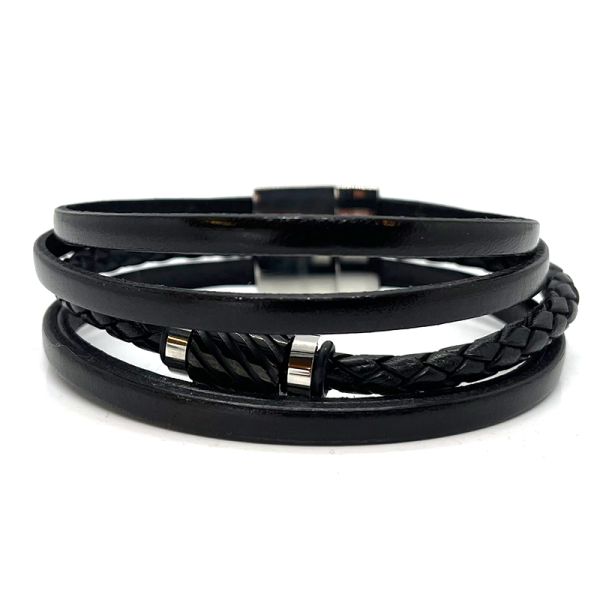 Armband Herren Lederband Edelstahl Magnetschließe 5-Reihig ES90024033 NEU